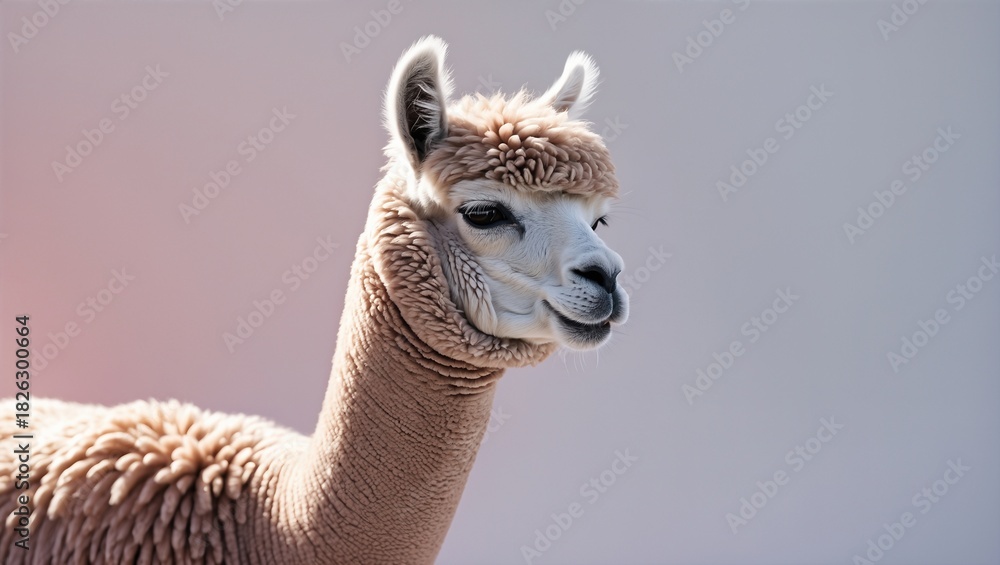 Obraz premium Close-up portrait of a smiling alpaca with soft, fluffy fur against a light background