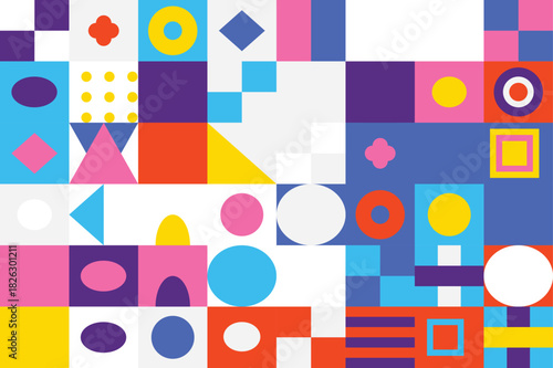Geometric composition a vibrant, multicolored abstract artwork featuring shapes, and patterns