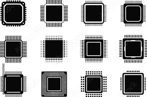 Silhouette Technology Processor Icons Set. Chip, Microchip, Electronics, Vector Illustration