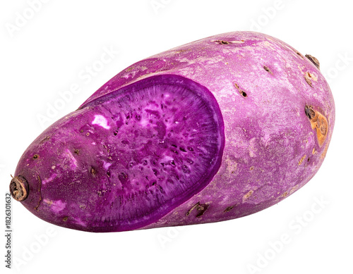 Purple yam whole tuber smooth surface isolated white background