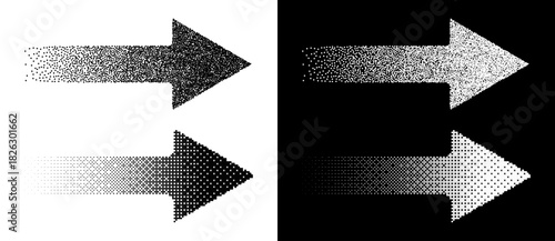 Set of 2 arrows with halftone and stipple effect. Black figures on a white background and an equally white figures on the black side.