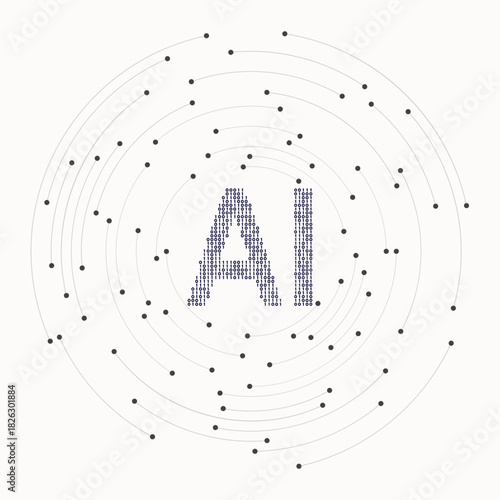 Circle with lines, dots and letters AI as background. AI consists of numbers 0 and 1. Black figure on white background.