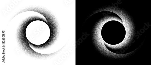 Abstract art background with dotted spiral. Stipple effect with chaotic noise. Black shape on a white background and the same white shape on the black side.