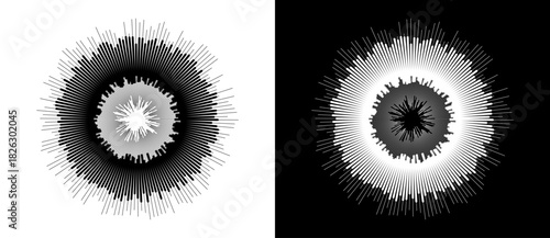 Abstract background with burning lines in cicrle. Design element or icon. Black shape on a white background and the same white shape on the black side.