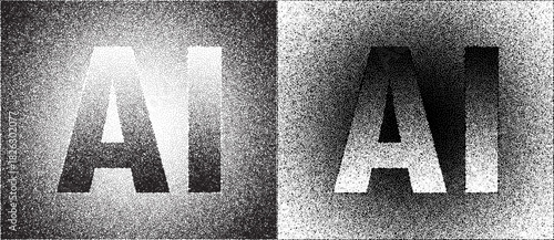 Dotted background with gradient and letters AI as abstract modern vector concept. Black dots on a white background and the same white dots on the black side.