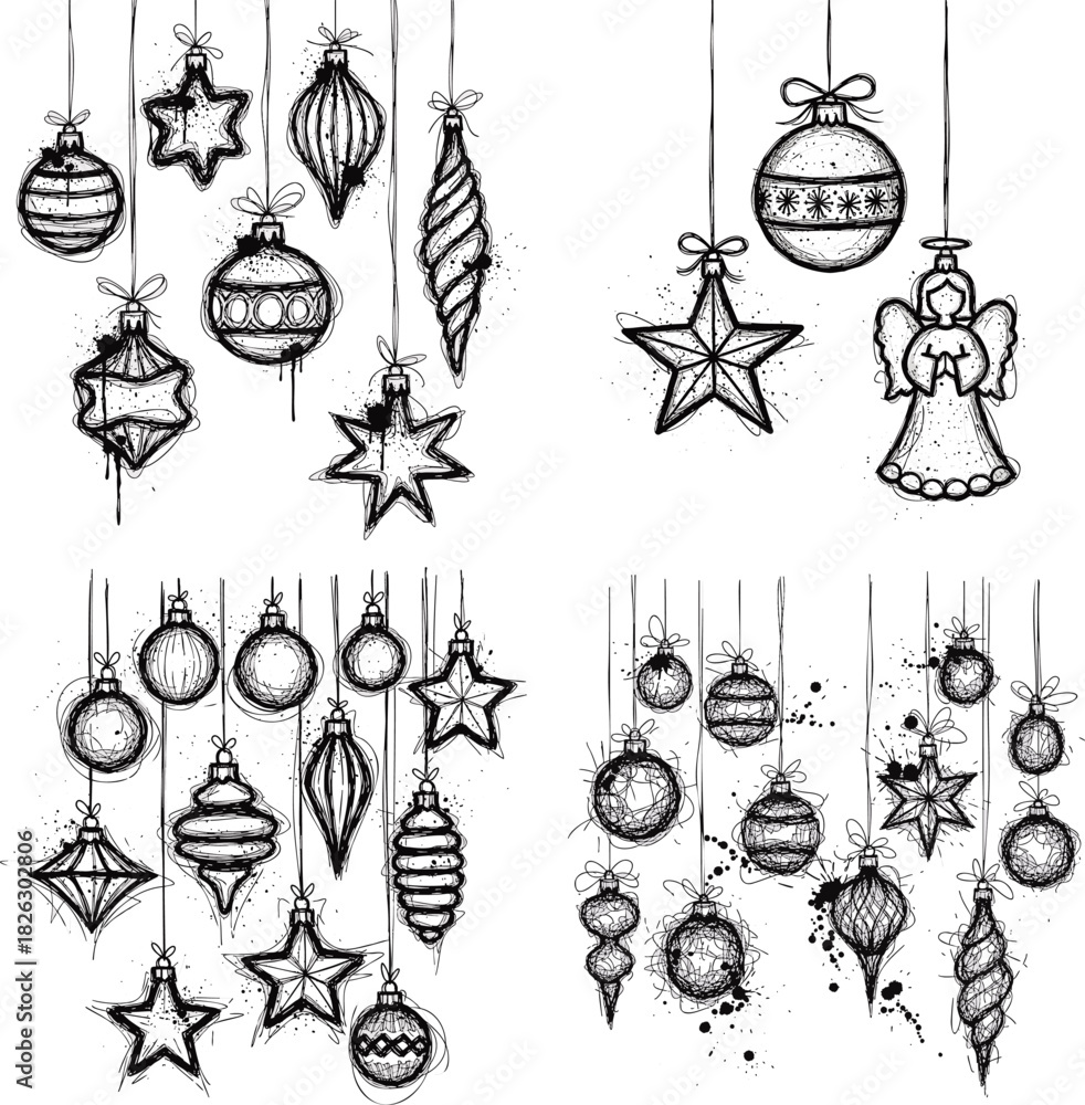 Naklejka premium Hanging Christmas Ornaments Line Art Illustration