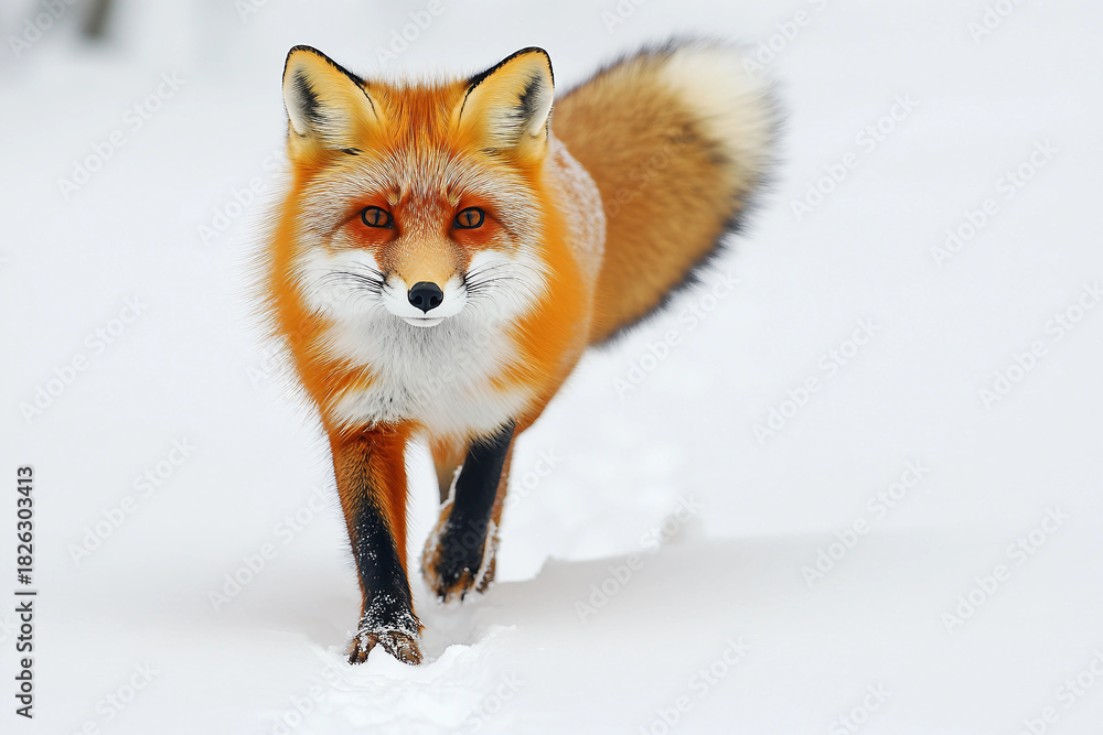 Naklejka premium Red fox walking through snow in winter forest with fluffy tail and sharp gaze, wildlife survival generative ai animal