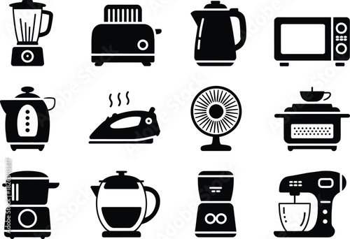 Silhouette Household Appliance Icons Set. Toaster, Blender, Microwave, Kitchen Equipment Vector Illustration