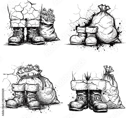 Santa Claus Boots and Gift Sack Hand Drawn Sketch