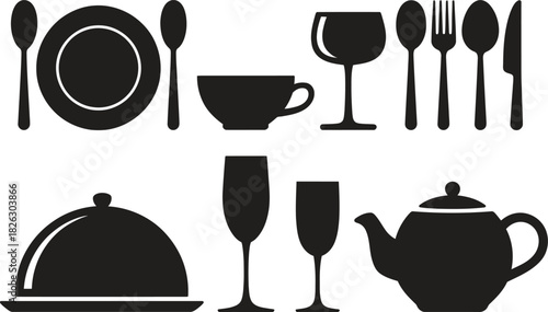 Silhouette Kitchenware and Tableware Icons Set. Plates, Cups, Glasses, Cutlery Vector Illustration