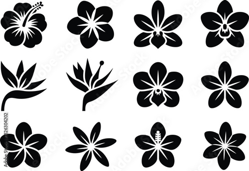 Silhouette Tropical Flower Icons Set. Exotic Flowers, Floral, Vector Illustration