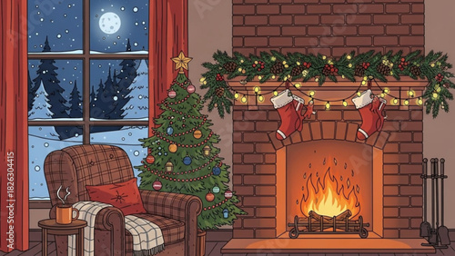 Cozy winter night indoors with Christmas tree, warm fireplace, snow falling outside, inviting armchair, hot cocoa, perfect for holiday greeting cards