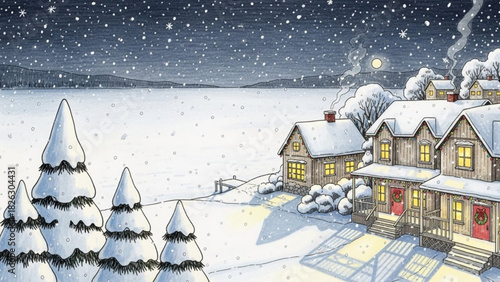 Charming winter wonderland scene with cozy houses and snow-covered trees, perfect for holiday greetings, adds warmth and nostalgia to any winter-themed project