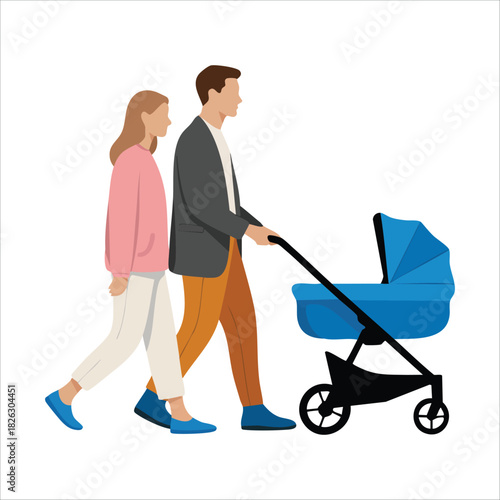 Mother and father pushing newborn baby in outdoor stroller isolated vector illustration on white background
