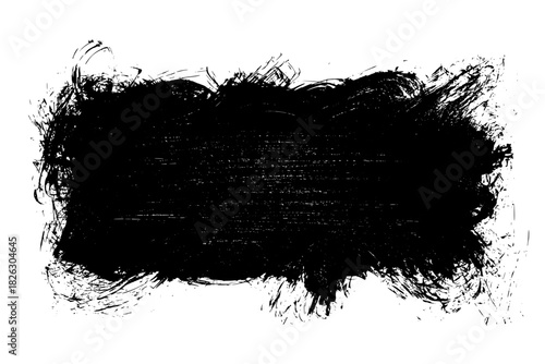 Black roller texture isolated on white background. Ink linocut. Black friday sale banner background. Grunge brush stroke. Hand-drawn artistic element with textured edges. Vector illustration, EPS 10.