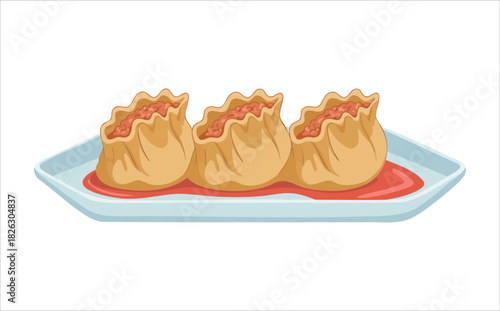 Asian dumplings with spicy dipping sauce traditional meal isolated vector illustration on white background