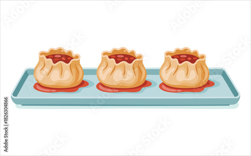 Asian dumplings with spicy dipping sauce traditional meal isolated vector illustration on white background