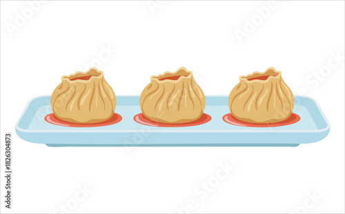 Asian dumplings with spicy dipping sauce traditional meal isolated vector illustration on white background