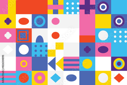 Vibrant and dynamic abstract pattern featuring a playful arrangement of diverse geometric shapes in a mosaic-like composition, embodying a modern design concept