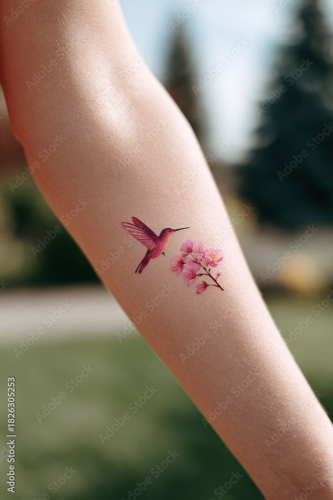 Obraz premium Closeup shot showcasing a charming hummingbird and blossom temporary tattoo on a fair skin arm. Perfect for beauty, nature, or lifestyle themes.