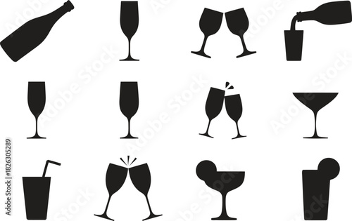 Silhouette Drink Icons Set. Glasses, Bottles, Cocktails Vector Illustration