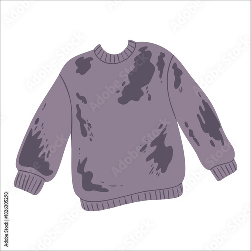 Soiled wrinkled sweater with visible stains and creases isolated vector illustration on white background