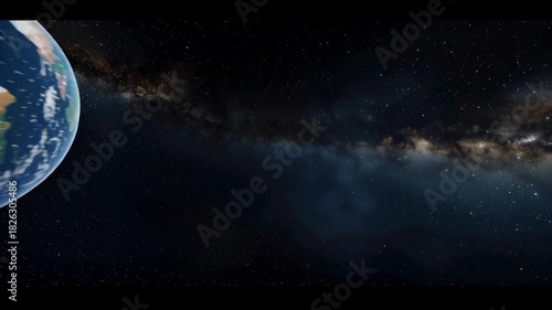 Earth orbiting in deep outer space, a small asteroid rock passing by, under the vast, star filled expanse of the glowing milky way galaxy