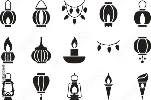 Silhouette Lantern and Torch Icons Set. Lamps, Candles, Festive Lighting Vector Illustration