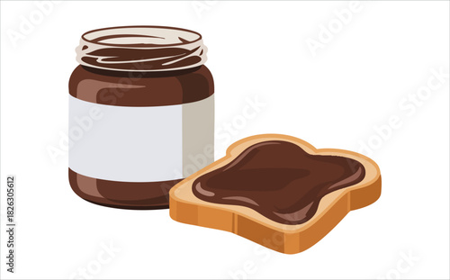 A can of chocolate paste and Delicious chocolate spread on fresh baked bread slice isolated vector illustration on white background