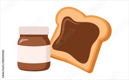 A can of chocolate paste and Delicious chocolate spread on fresh baked bread slice isolated vector illustration on white background