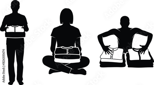 Black silhouette illustration of people folding and stacking clean clothes, concept of closet organization, laundry chores, tidiness, minimalism, and decluttering household items