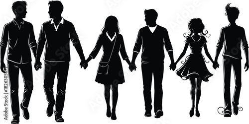 Black silhouette of diverse group of young men and women walking together, holding hands in unity, collaboration, friendship, and teamwork, isolated on white background