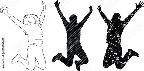 Joyful diverse people jumping high in air celebrating success and freedom, cheerful energy, positive outline, sketched silhouette, and distressed grunge texture isolated on white background