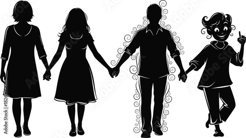 Family unity and support concept, diverse silhouettes holding hands, symbolizing love, connection, trust, partnership, and community togetherness