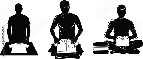 Three step icon graphic: man folding clean laundry, organizing t-shirts, packing clothes for travel, household chores, organization concept