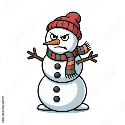 angry snowman with carrot nose and coal eyes isolated vector illustration on white background