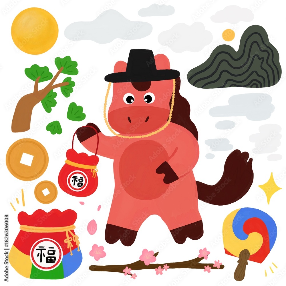 Naklejka premium 2026 새해 신년 붉은 말 과슈 핸드드로잉(2026 happy new year traditional red horse hand drawing)