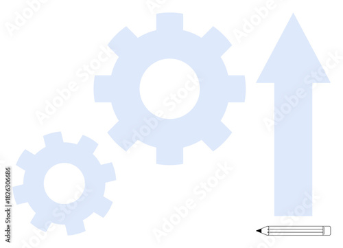 Two interlocking gears, upward arrow symbolizing growth, and pencil for creativity. Ideal for teamwork, innovation, productivity, development, success problem-solving efficient processes. Simple