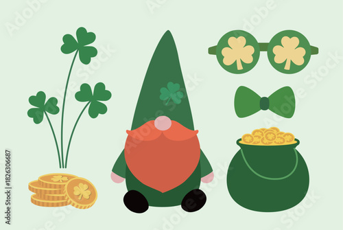 St. Patrick's Day element flat vector illustration collection.
Includes gnome, clover, money pot, party sunglasses, coins, and bow tie.