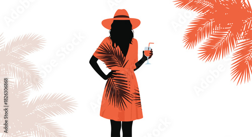 Stylish woman silhouette in orange dress and hat, holding cocktail, with tropical palm leaves, isolated on