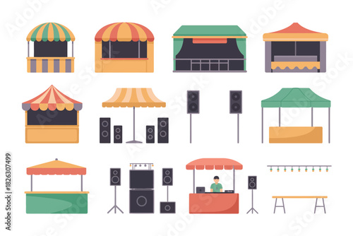 Collection of colorful market stalls and outdoor event equipment