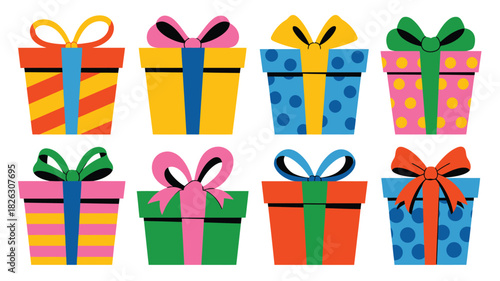 Collection of colorful gift boxes with ribbons and bows for celebrations