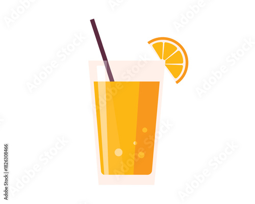 Refreshing orange juice in a tall glass with a straw and orange slice garnish
