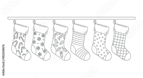 Classic christmas stocking line art with festive elements