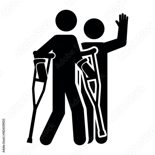 Stylized black silhouette of a person walking with underarm crutches isolated on white background