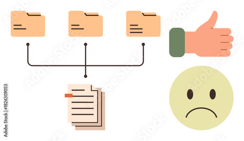 Folder hierarchy connected to documents, hand showing approval, and unhappy face. Ideal for organization, feedback, data management, teamwork, efficiency, categorization simple flat metaphor
