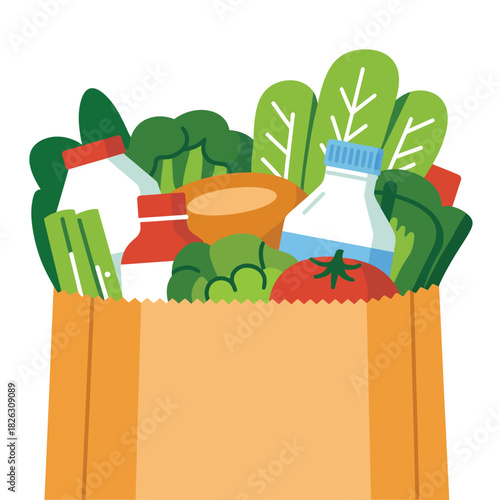 Healthy groceries overflowing from a brown paper shopping bag