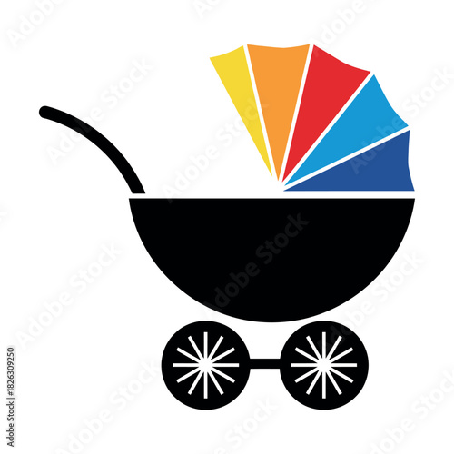 Flat vector illustration of a baby carriage or pram facing right isolated on white background