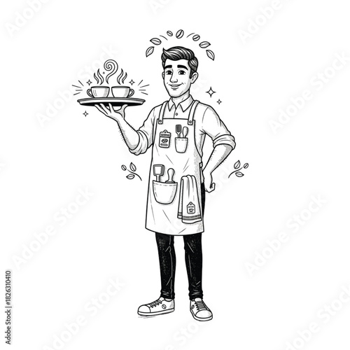 Charming vintage-style illustration of a friendly barista serving hot coffee, embodying professional cafe service with a welcoming smile