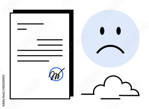 Document rejection concept. Signed paper with cancellation, sad face icon, and cloud disappointment. Document approval, legal processes, frustration, compliance issues, business challenges
